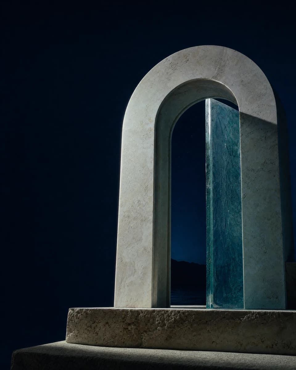 Una entrada de mármol y una puerta de vidrio cian