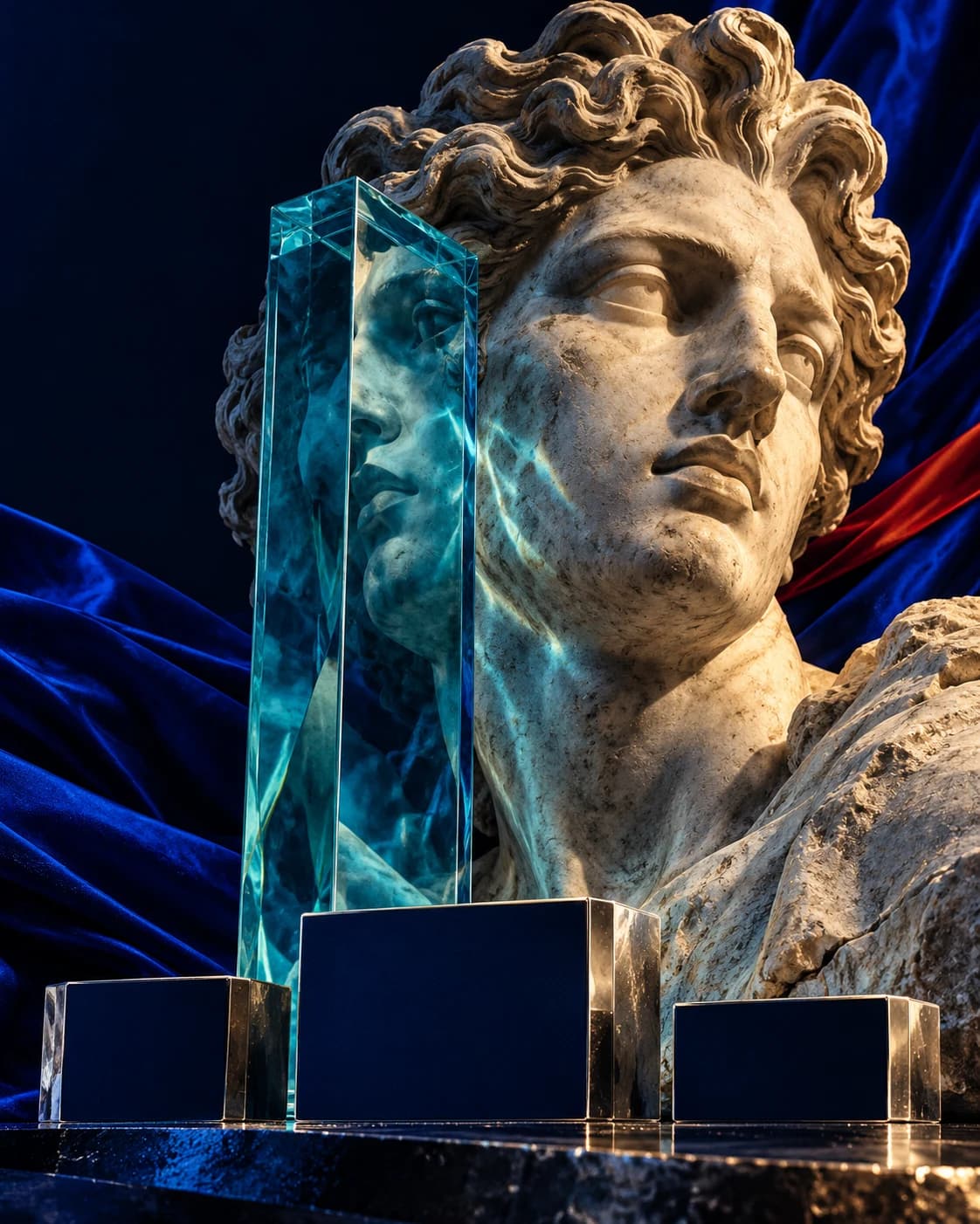 Una escultura de mármol monumental junto a un marco de vidrio cian y telas azules