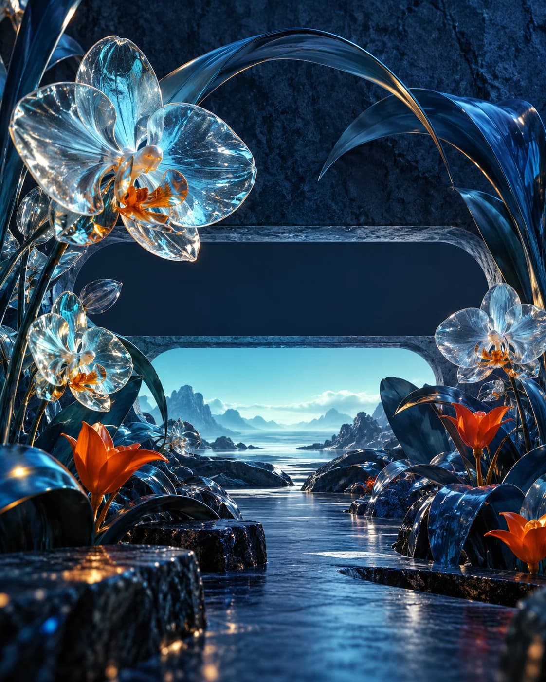 Un jardín de flores de vidrio cian en una arquitectura azul