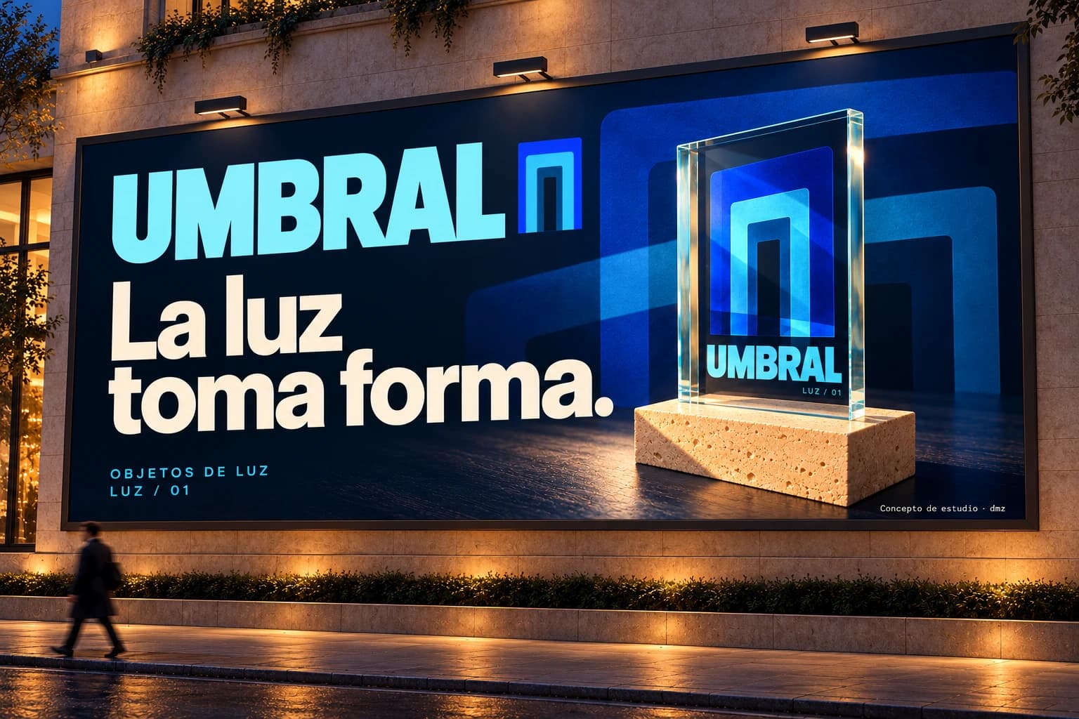 Campaña Umbral La luz toma forma aplicada a una valla, con producto, marca e identidad gráfica