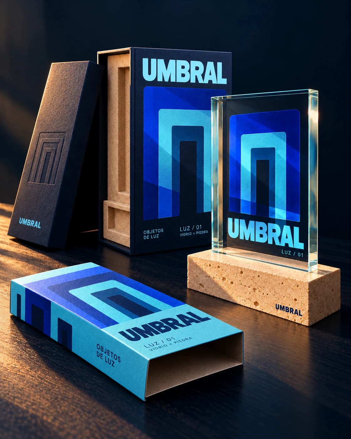 Packaging Umbral con marca, gráfica de portales, faja impresa y etiqueta de la serie Luz 01